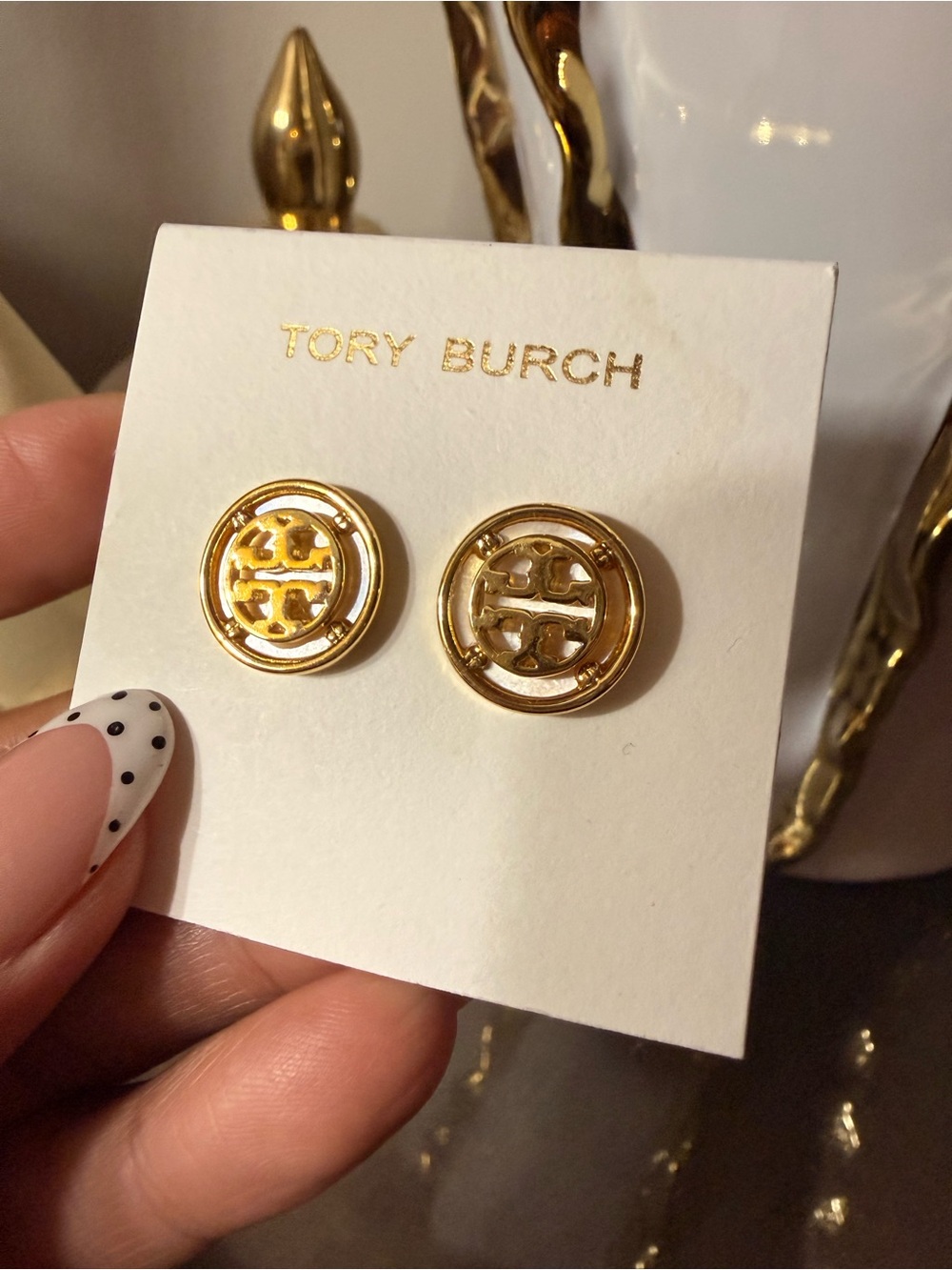 Tory Burch Gold and Mother of Pearl Logo Stud Earrings